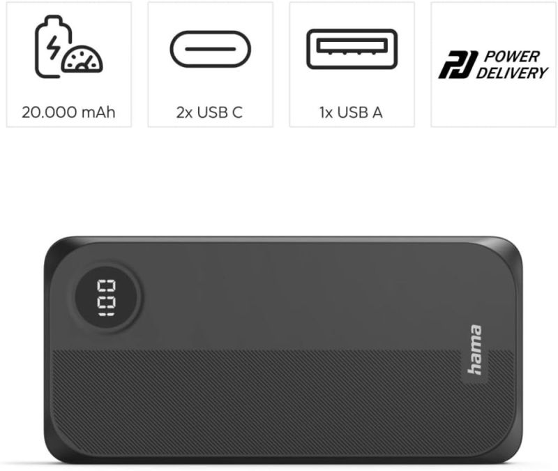 Универсальная мобильная батарея Hama 20000mAh 15W Black (00201755)