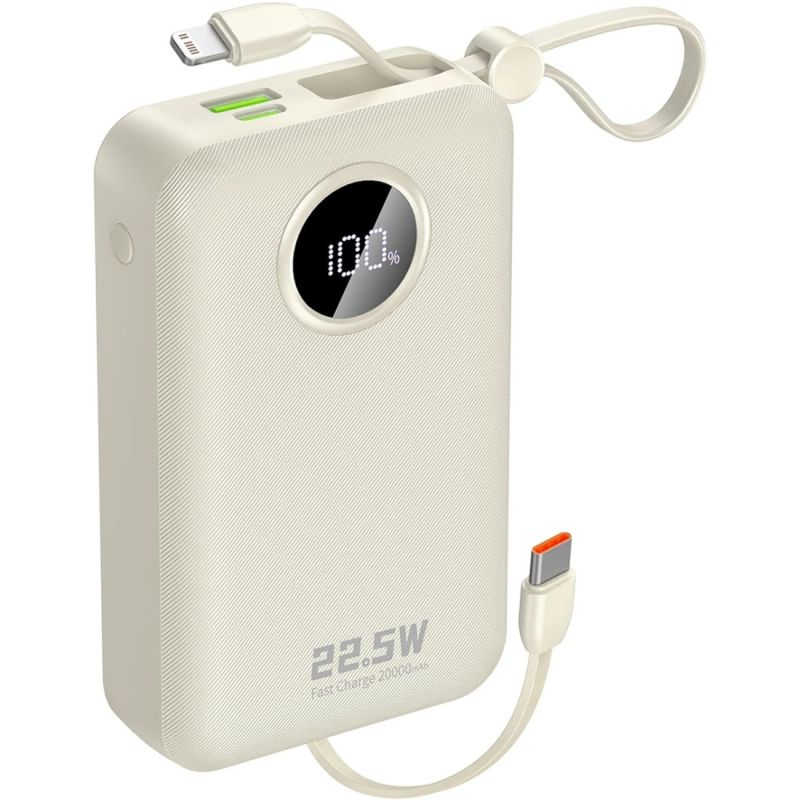 УМБ Dudao 20000mAh K14+ 22,5W PD,QC USB-A,USB-C In/Out,with built-in USB-C/Lightning cables White (6977196680023)