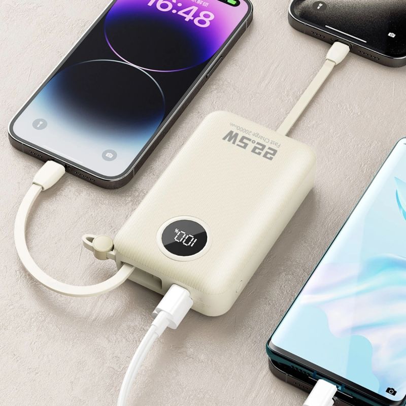 УМБ Dudao 20000mAh K14+ 22,5W PD,QC USB-A,USB-C In/Out,with built-in USB-C/Lightning cables White (6977196680023)