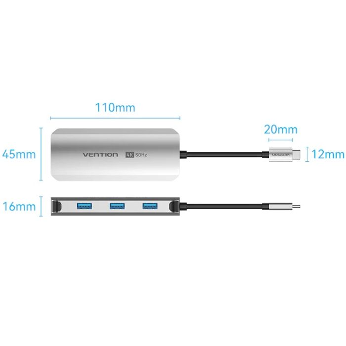 Док-станція USB3.1 Type-C --> HDMI 4K60Hz/USB 3.0x3/PD 100W 5-in-1 Vention (TQDHB)