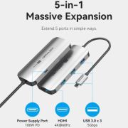 Док-станція USB3.1 Type-C --> HDMI 4K60Hz/USB 3.0x3/PD 100W 5-in-1 Vention (TQDHB)