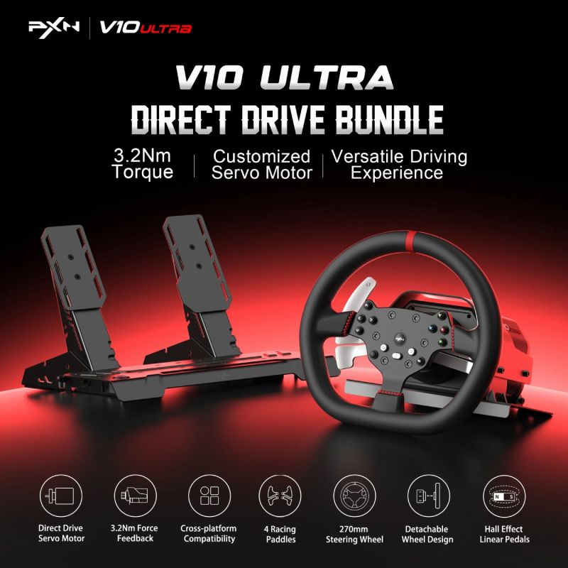 Кермо і педалі PXN V10 Ultra Bundle for PS4/XBOX/Xbox Series X|S/PC,17кн., подв. педалі, кермо 270мм (PXN-V10 Ultra EU)