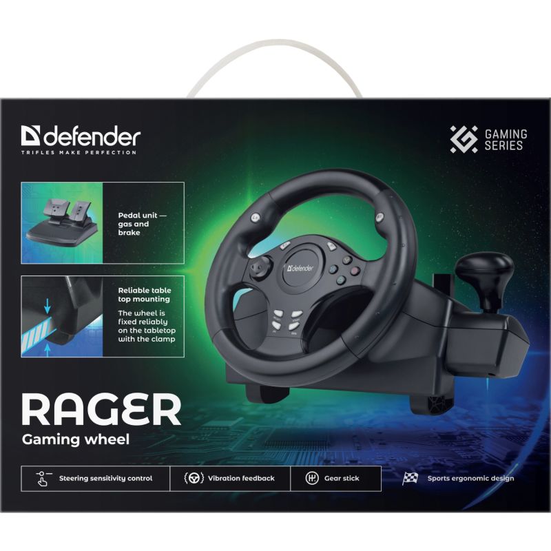 Ігрове кермо з двома педалями Defender Rager PC/PS/Xbox/Switch, чорне (64067)