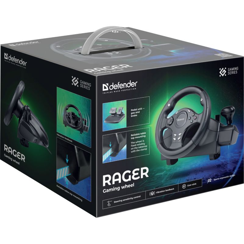 Ігрове кермо з двома педалями Defender Rager PC/PS/Xbox/Switch, чорне (64067)