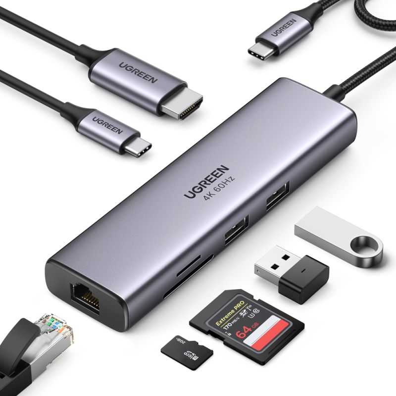 Док-станція USB3.1 Type-C --> HDMI 4K60Hz/USB 3.0x2/RJ45/SD/TF/PD 100W Ugreen CM512 Сіра (60515)