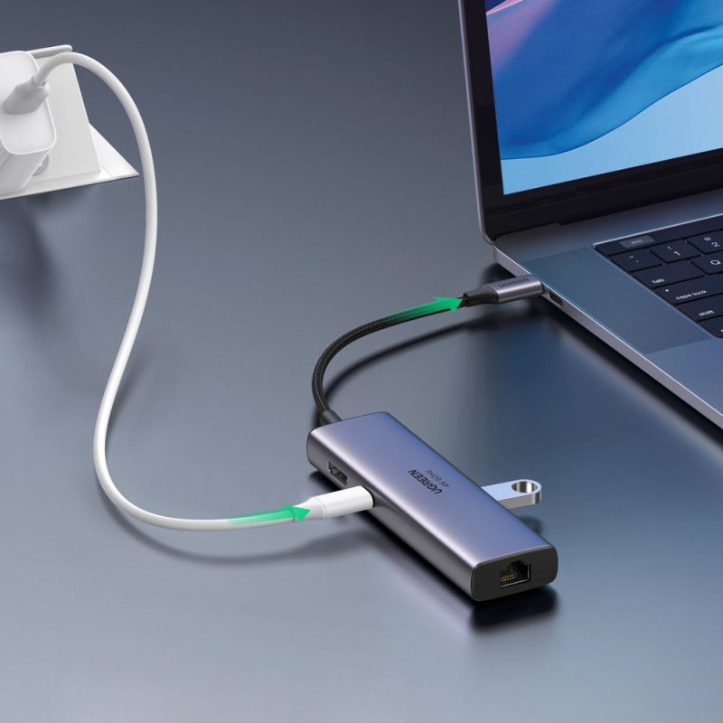 Док-станція USB3.1 Type-C --> HDMI 4K60Hz/USB 3.0x2/RJ45/SD/TF/PD 100W Ugreen CM512 Сіра (60515)