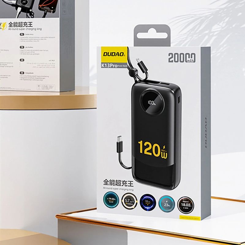 УМБ Dudao 20000mAh K13 Pro 22,5W PD,QC USB-A,USB-C In/Out,with built-in USB-C/Lightning cables Black (6977196680276)