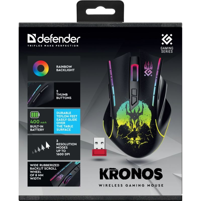 Мишка Defender Kronos GM-695, бездротова, ігрова, 7кн., 1600 dpi., 400 mAh, чорна (52695)