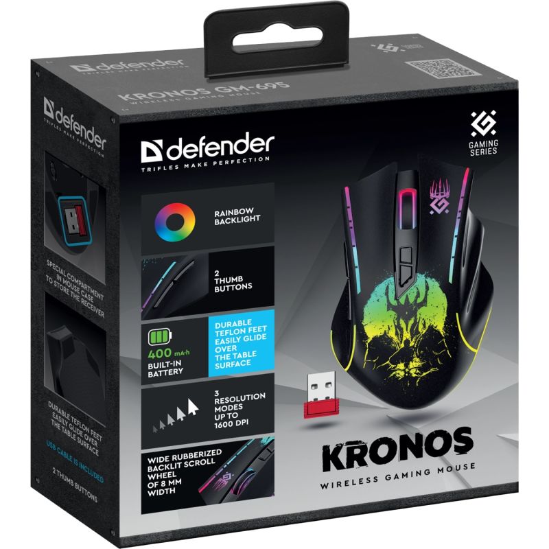 Мишка Defender Kronos GM-695, бездротова, ігрова, 7кн., 1600 dpi., 400 mAh, чорна (52695)