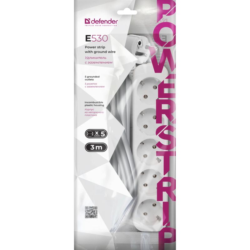 Power filtr 3.0м Defender E530, білий, 5 розеток, з заземленням (992300)