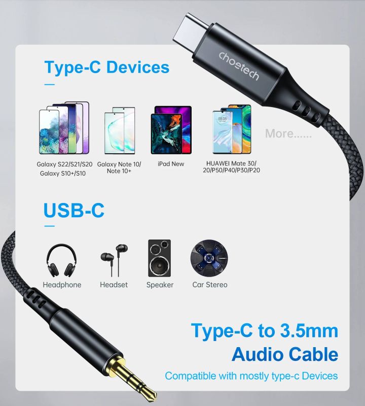 Кабель AUX Type-C - TRS Audio M/M 1.0 м DAC Chip 96kHz, чорний Choetech (AUX006)