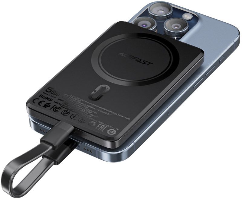 УМБ Acefast Magnetic Wireless 5000mAh 18W PD,QC 3.0, QI 7.5 Вт, ультра тонкий, M8 Black (6974316283386)