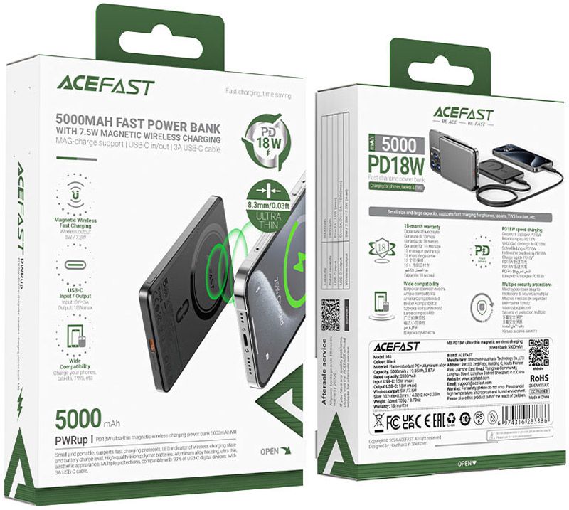 УМБ Acefast Magnetic Wireless 5000mAh 18W PD,QC 3.0, QI 7.5 Вт, ультра тонкий, M8 Black (6974316283386)