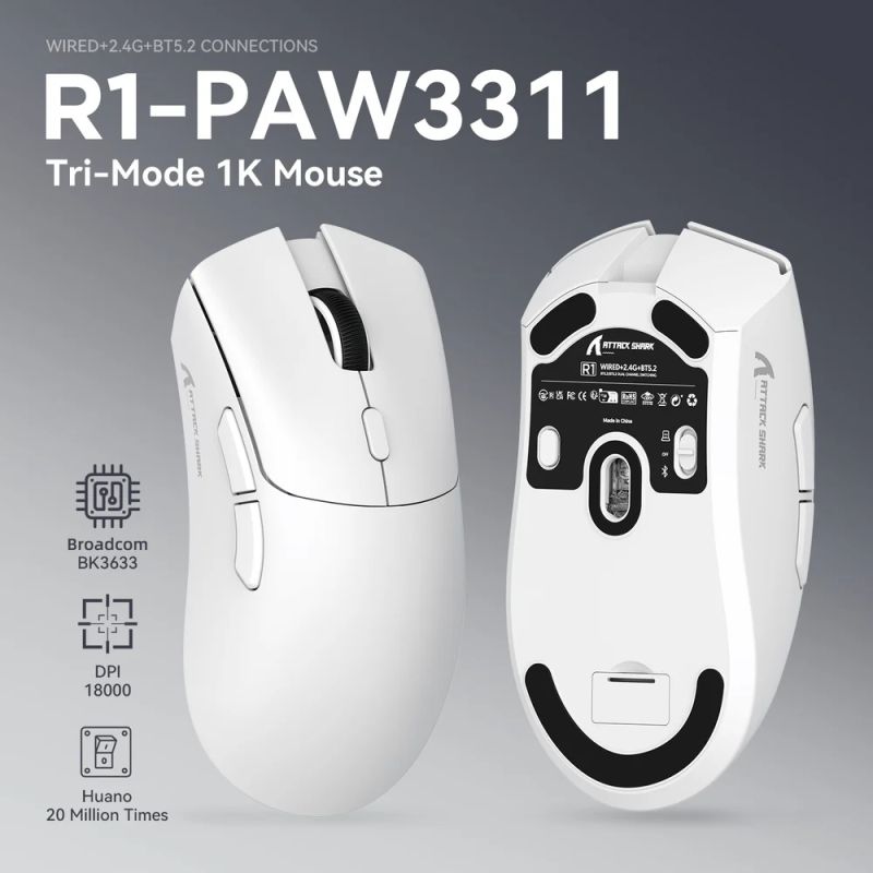 Мишка Attack Shark R1, Wireless/Bluetooth, 18000dpi, (PAW3311), 6кн., White (R1W_AS)