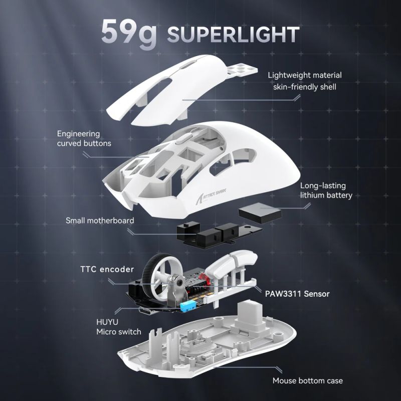 Мишка Attack Shark R1, Wireless/Bluetooth, 18000dpi, (PAW3311), 6кн., White (R1W_AS)