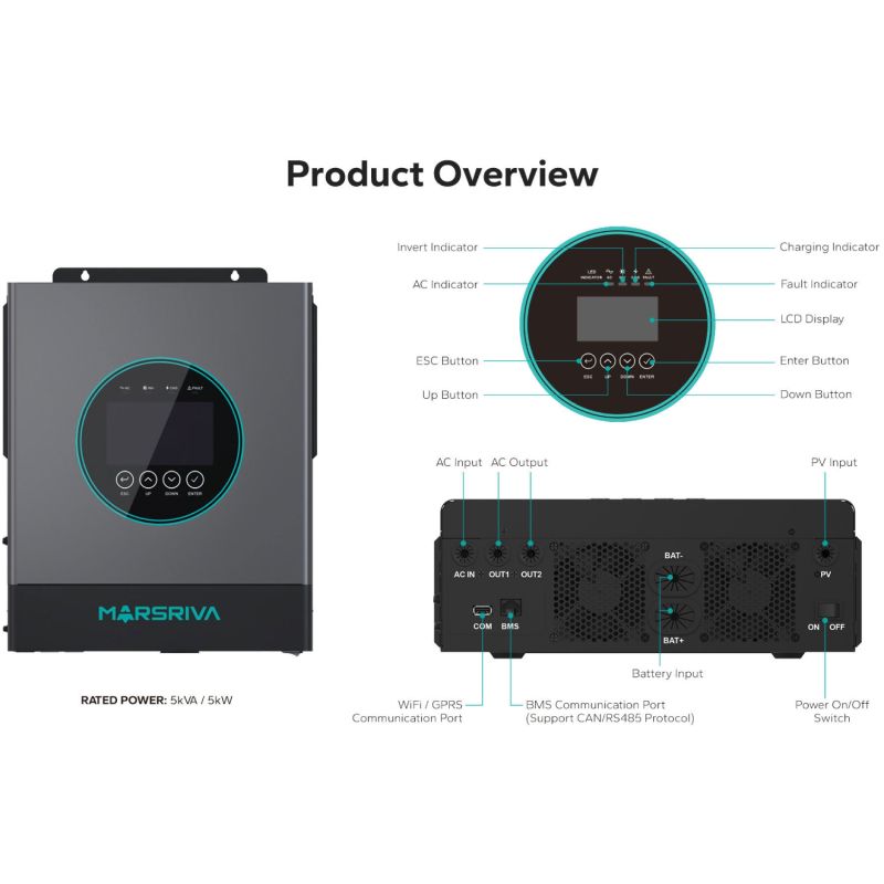 Інвертор Marsriva OFF-G 5.0 kW 230V RS232/RS485 CE PF1 VOL VM III 5,0 кВт TWIN-24 V, з Wi-Fi (MR-SPF5K-LP1-TL20E)