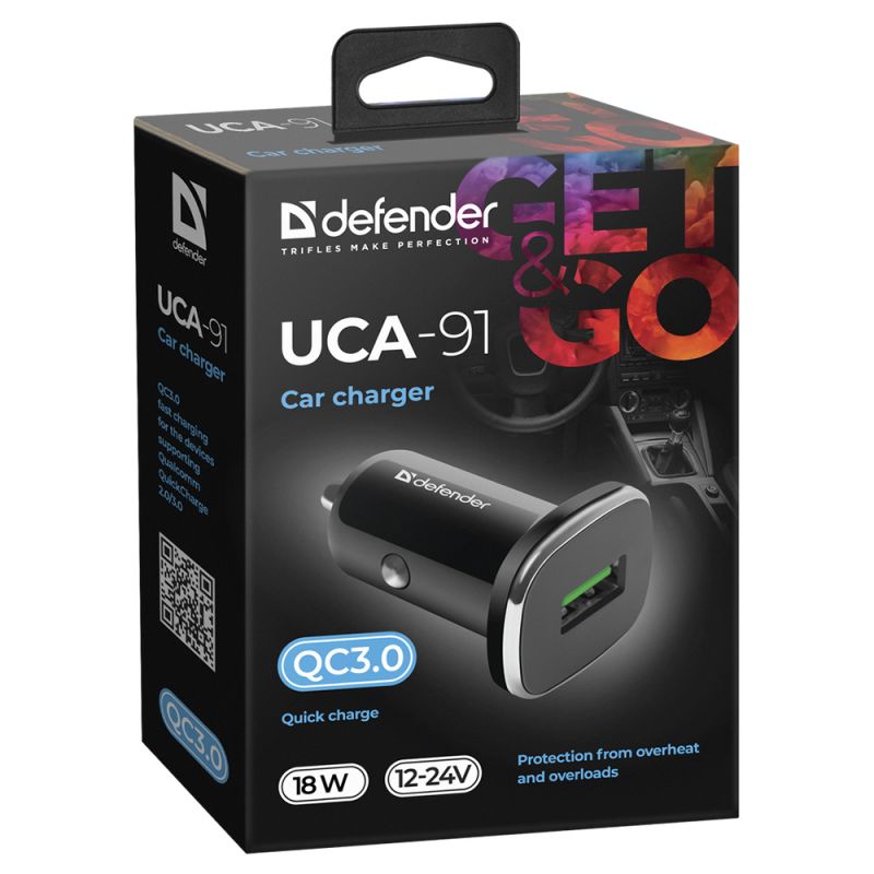 Автозарядка 1xUSB 18W (USB-A) QC3.0 3А UCA-91 чорна Defender (83830)