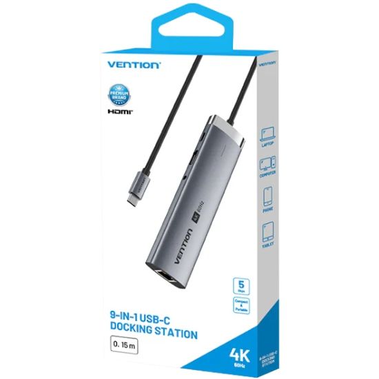 Док-станція USB3.2 Type-C --> HDMI 4K60Hz/USB 3.0x2/RJ45/SD/TF/3.5mm/PD 100W Hub 9-in-1 Vention (TGVHB)
