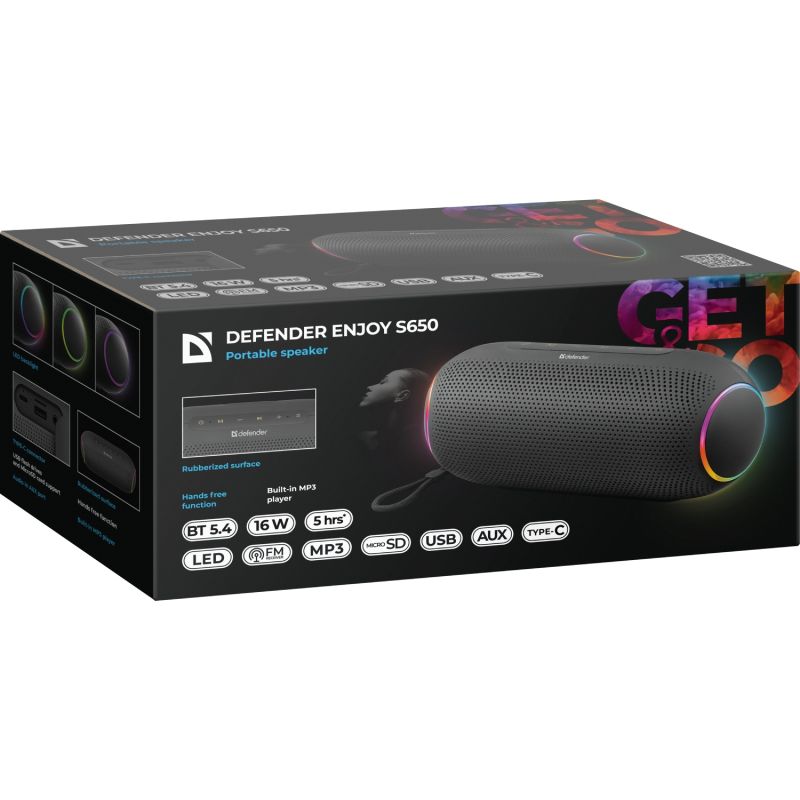 Акустична система 1.0 Defender Enjoy S650 16Вт RGB/BT/USB/TF/MP3/FM/AUX (65651)