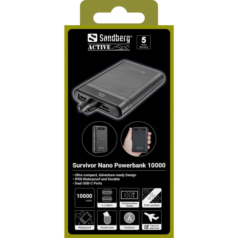 УМБ Sandberg 10000mAh 20W PD Survivor Nano Powerbank 2xUSB-C IN/OUT, IPX8 (421-32)