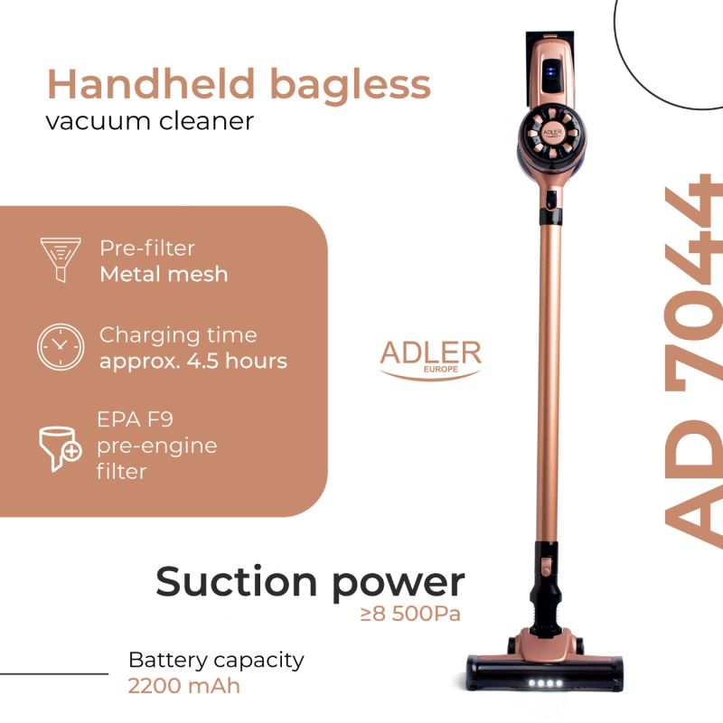 Порохотяг Adler AD 7044 бездротовий/ 250Вт/ 12,000 Pa/ 0,8л/ LED/ TURBO/ настінне кріплення (AD7044)