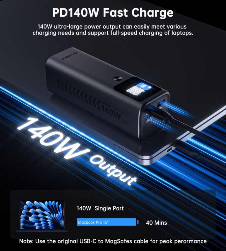 УМБ Choetech 27000mAh 140W PD5.0,QC3.0, USB-A, 2xUSB-C In/Out, TFT Display, black (B670-CCGY)