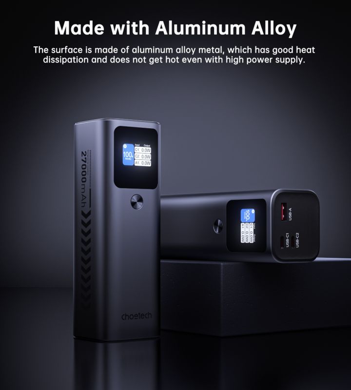 УМБ Choetech 27000mAh 140W PD5.0,QC3.0, USB-A, 2xUSB-C In/Out, TFT Display, black (B670-CCGY)