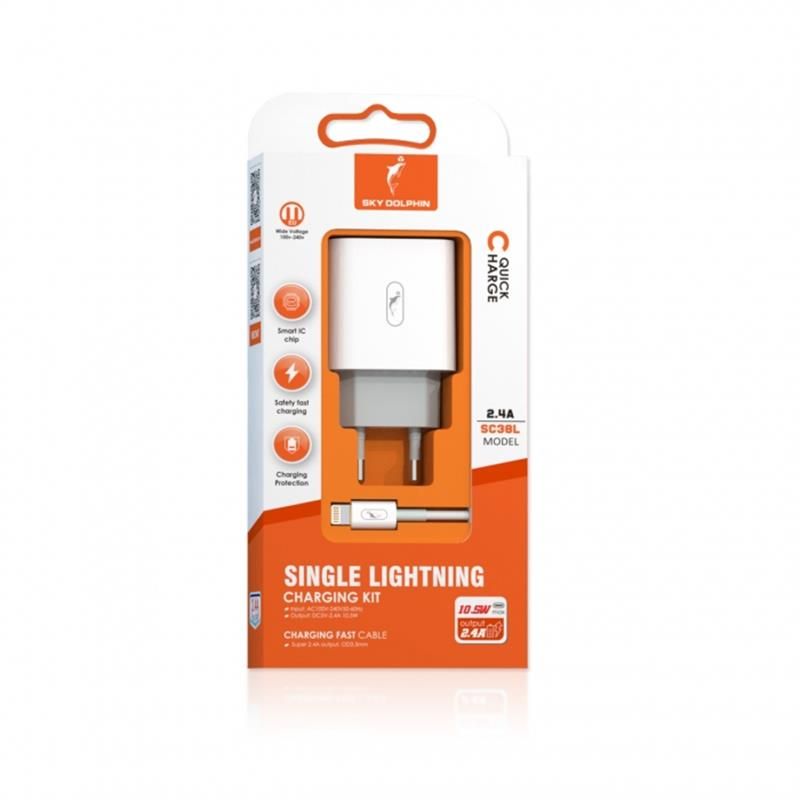 Сетевое зарядное устройство SkyDolphin SC38T (USB TYPE-Cx2.4A) White + кабель Lightning (MZP-000182)