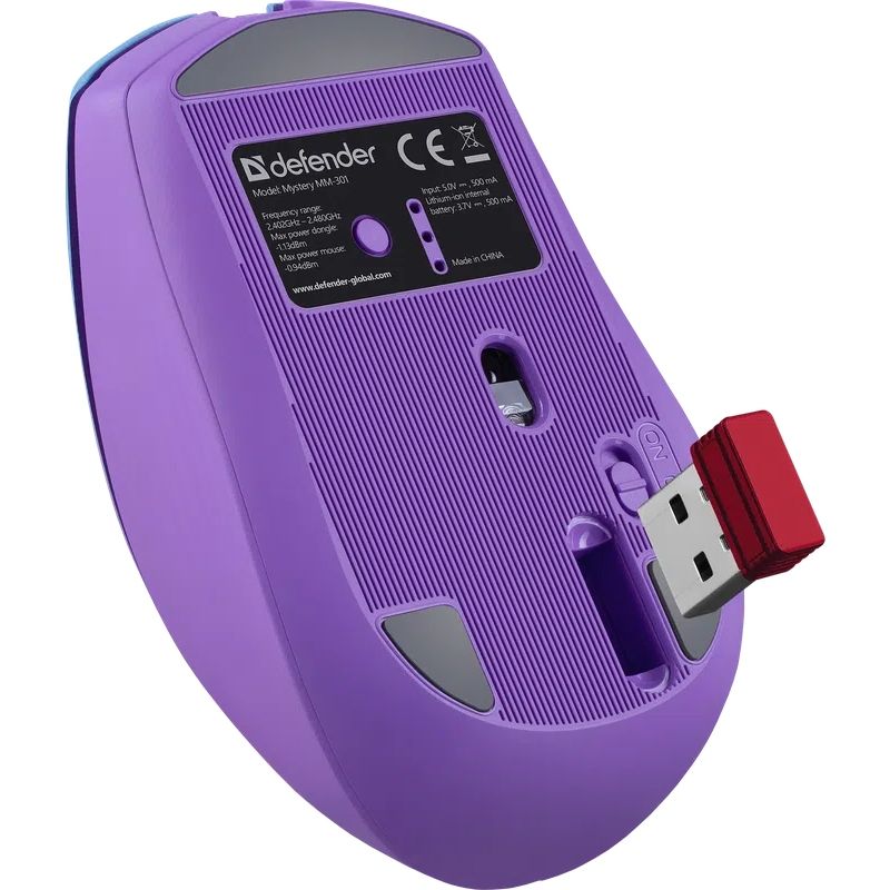 Мишка Defender Mystery MM-301, бездротова Bluetooth+2.4G, 1600 dpi., 4кн., 500mAh,  LED, фіолетова (52301)