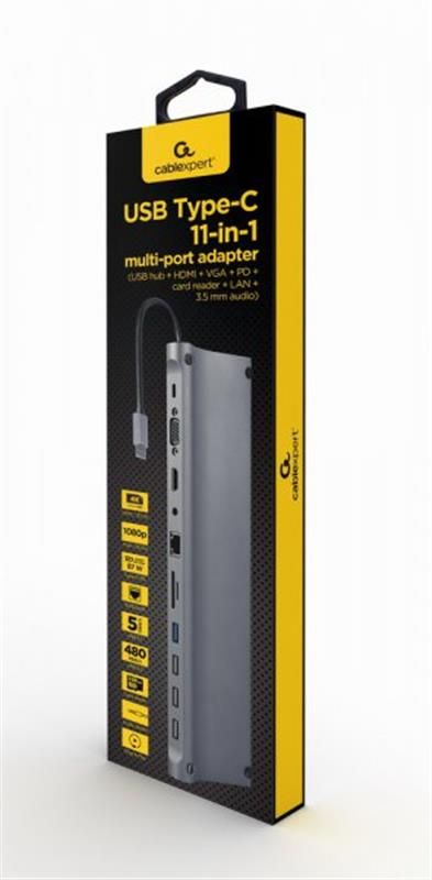 Док-станция Cablexpert USB-C 11-в-1 USB-хаб + HDMI/VGA/PD/картридер/LAN/3.5-мм аудио (A-CM-COMBO11-01)