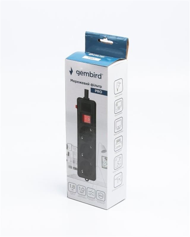 Фильтр питания Gembird Pro 3 розетки, 1.8м, черный (SPG3-G-6B-PRO)