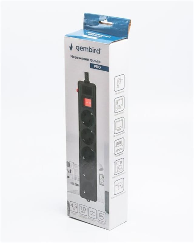 Фільтр живлення Gembird Pro 5 розеток, 4.5м, чорний (SPG5-G-15B-PRO)