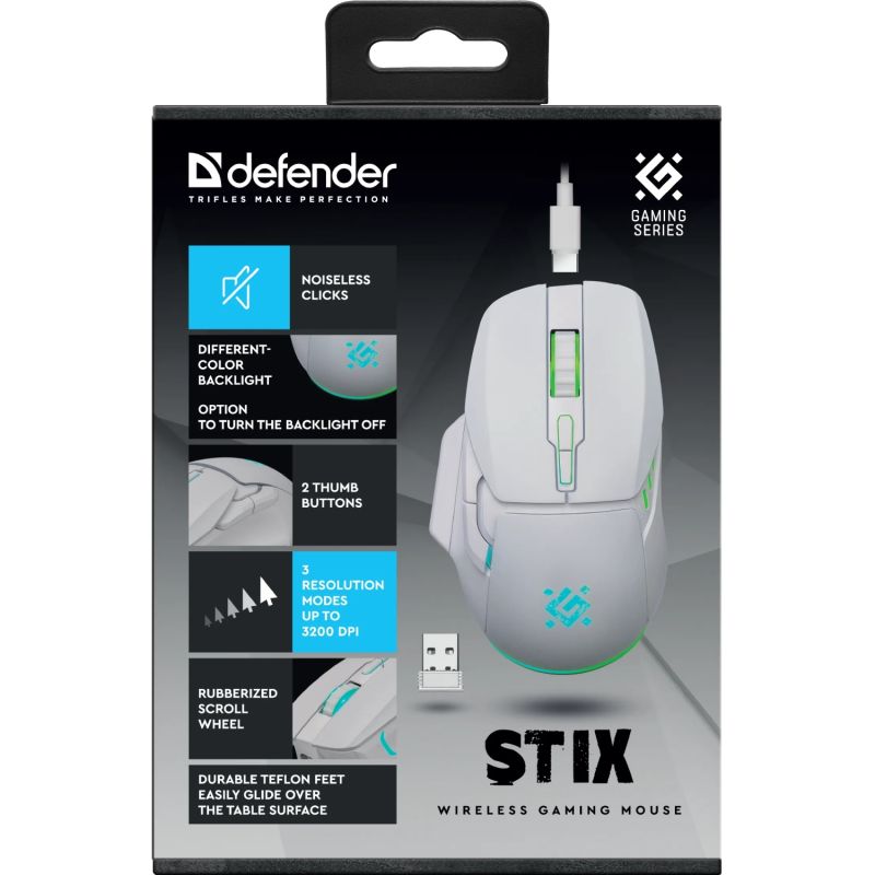 Мишка Defender Stix GM-009, бездротова, 7кн. 3200 dpi, 500 мАh, біла (52009)