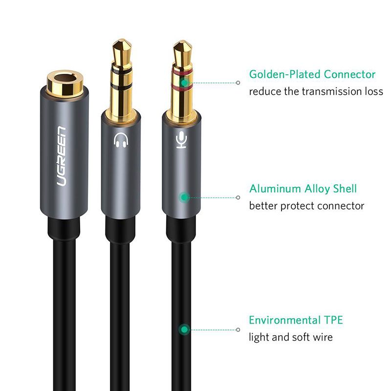 Кабель AUX Audio TRSx2 M/M 20см UGREEN Aluminum Case AV140 Чорний (20899)