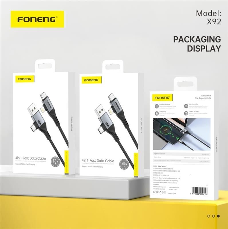 Кабель Foneng X92 4-in-1 (60W) USB/USB-C - USB-C/Lightning (M/M), 1 м, Black (X92-CA-FIO)