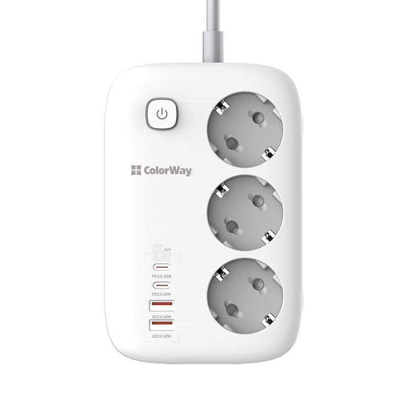 Фільтр живлення ColorWay GaN3 Pro PD 65W (2USB-A + 2 TYPE-C) 3 розетки, 4 USB, 2 м, білий (CW-CHE34PDW)