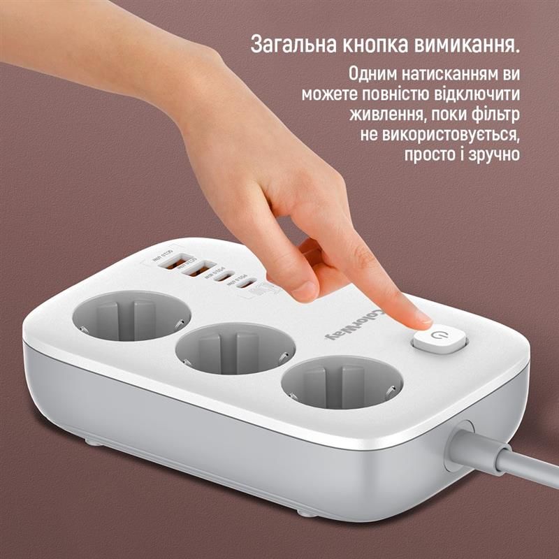 Фільтр живлення ColorWay GaN3 Pro PD 65W (2USB-A + 2 TYPE-C) 3 розетки, 4 USB, 2 м, білий (CW-CHE34PDW)