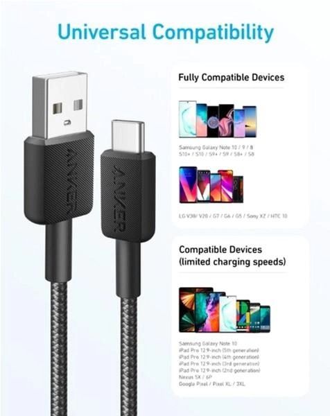 Кабель Anker 322 USB-A - USB-C, 0.9 м, Black (A81H5G11)