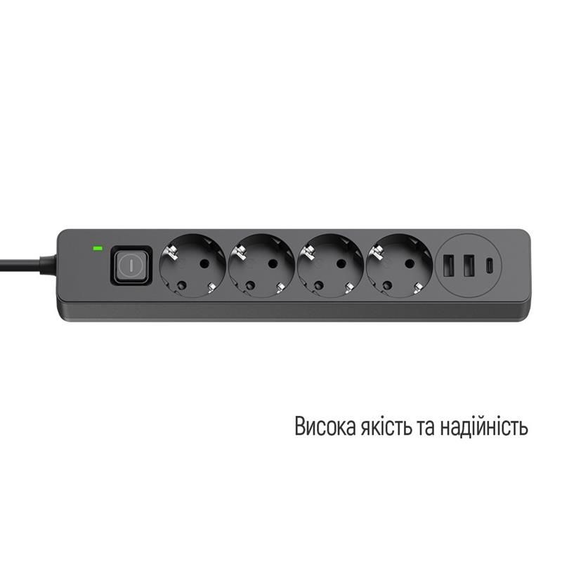 Фільтр живлення ColorWay 4 розетки, 3USB (2USB-A + 1 TYPE-C) (24W), 2м, Black (CW-CHE435PDB)