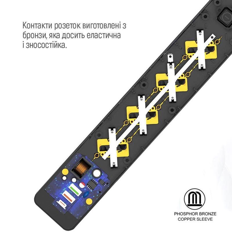 Фільтр живлення ColorWay 4 розетки, 3USB (2USB-A + 1 TYPE-C) (24W), 2м, Black (CW-CHE435PDB)