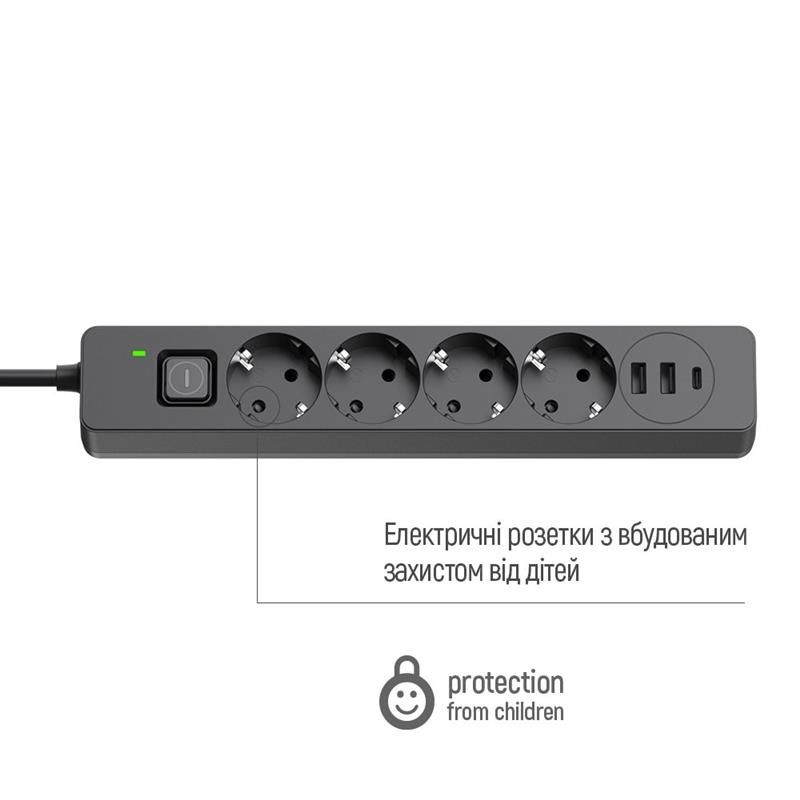Фільтр живлення ColorWay 4 розетки, 3USB (2USB-A + 1 TYPE-C) (24W), 2м, Black (CW-CHE435PDB)