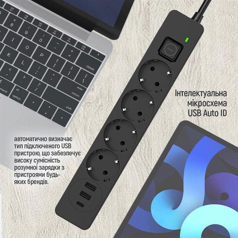Фільтр живлення ColorWay 4 розетки, 3USB (2USB-A + 1 TYPE-C) (24W), 2м, Black (CW-CHE435PDB)