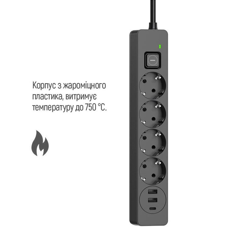 Фільтр живлення ColorWay 4 розетки, 3USB (2USB-A + 1 TYPE-C) (24W), 2м, Black (CW-CHE435PDB)