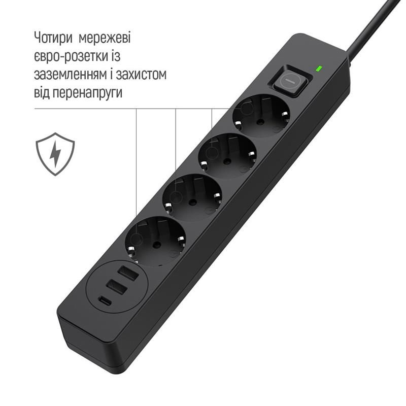 Фільтр живлення ColorWay 4 розетки, 3USB (2USB-A + 1 TYPE-C) (24W), 2м, Black (CW-CHE435PDB)