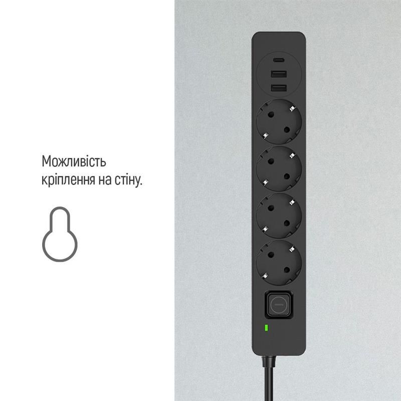 Фільтр живлення ColorWay 4 розетки, 3USB (2USB-A + 1 TYPE-C) (24W), 2м, Black (CW-CHE435PDB)