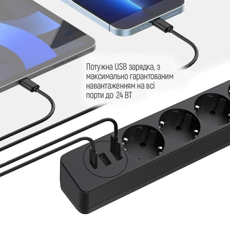 Фільтр живлення ColorWay 4 розетки, 3USB (2USB-A + 1 TYPE-C) (24W), 2м, Black (CW-CHE435PDB)