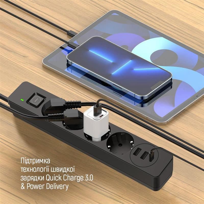 Фільтр живлення ColorWay 4 розетки, 3USB (2USB-A + 1 TYPE-C) (24W), 2м, Black (CW-CHE432PDB)