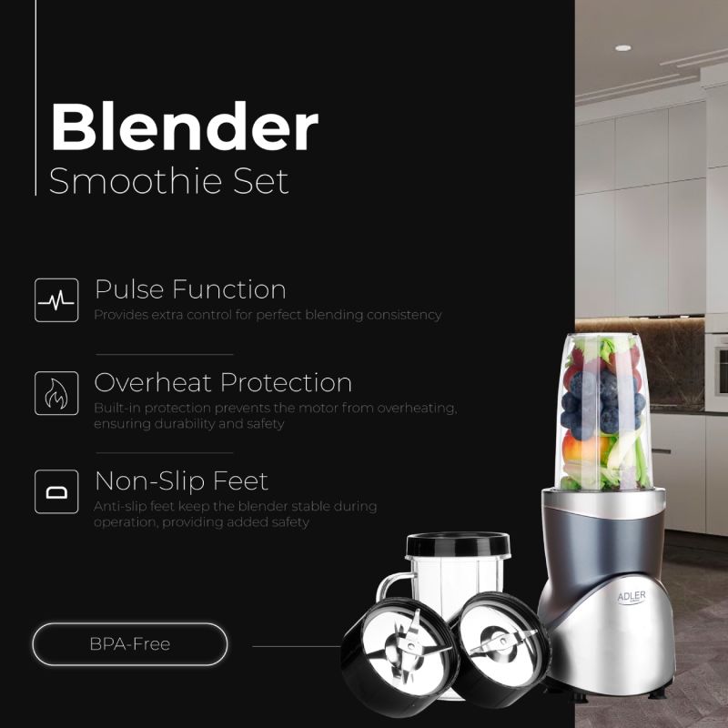 Фітнес-блендер Adler AD 4084 500Вт/ Pulse/ 4 скляні пляшки 700мл, 2x500мл, 300мл (AD4084)