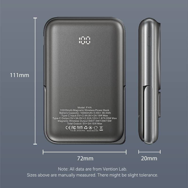 УМБ Vention Magnetic Wireless 10000mAh 20W PD USB-C In/Out, QI-15W Black (FHNB0)