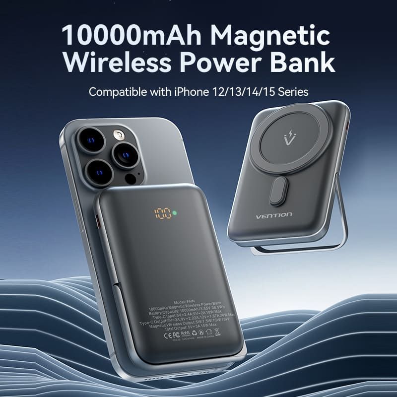 УМБ Vention Magnetic Wireless 10000mAh 20W PD USB-C In/Out, QI-15W Black (FHNB0)